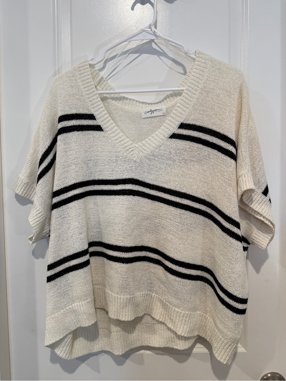 Carly Jean Los Angeles Cream Sweater Top with Black Stripes